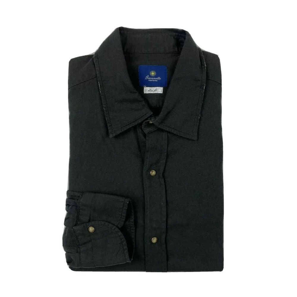 Giannetto Portofino Black Flannel Pearl Snap Slim Fit Button Front Shirt 16/41